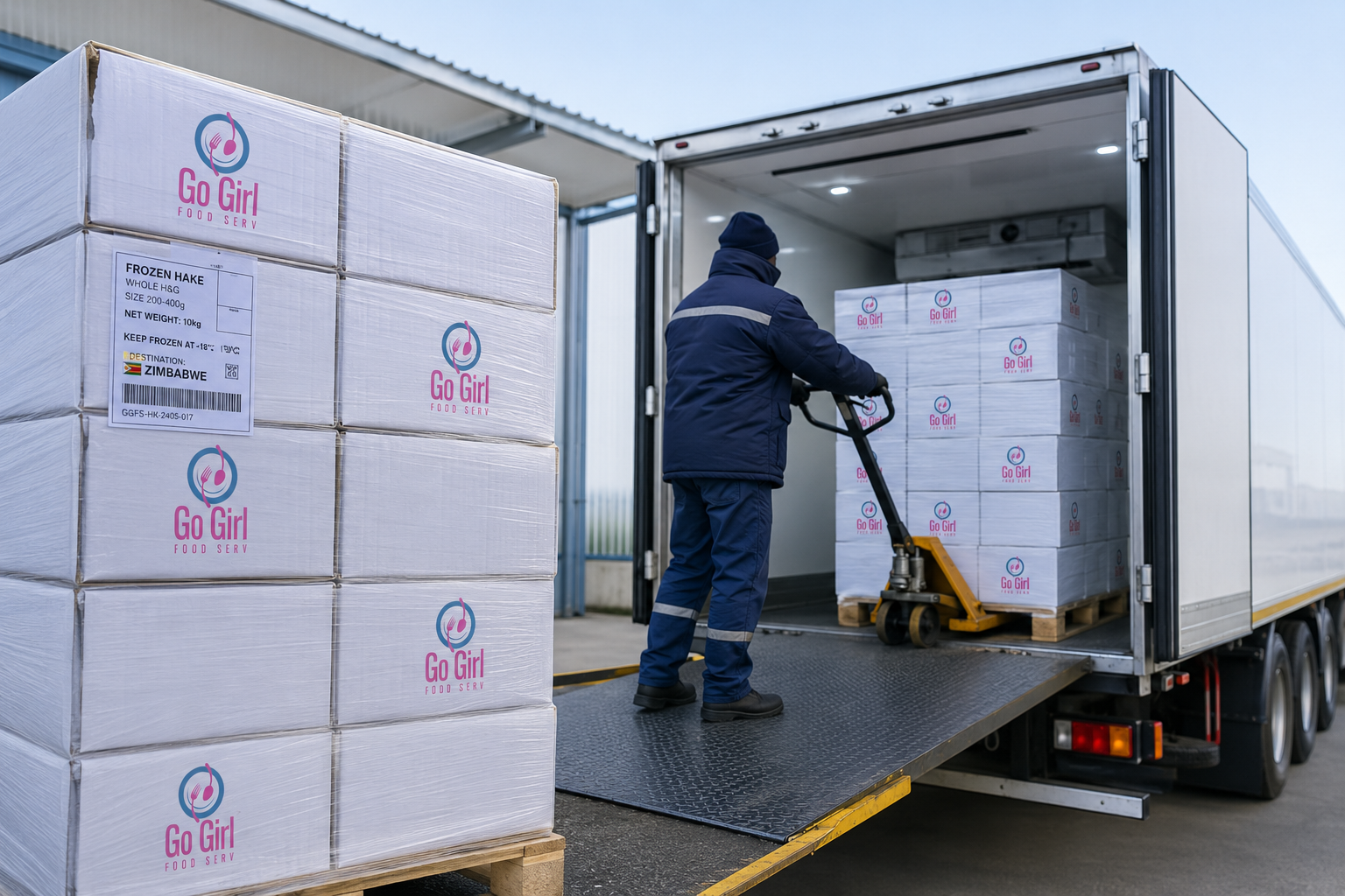 Bulk frozen hake prepared for refrigerated delivery from Johannesburg to Zimbabwe<br />
