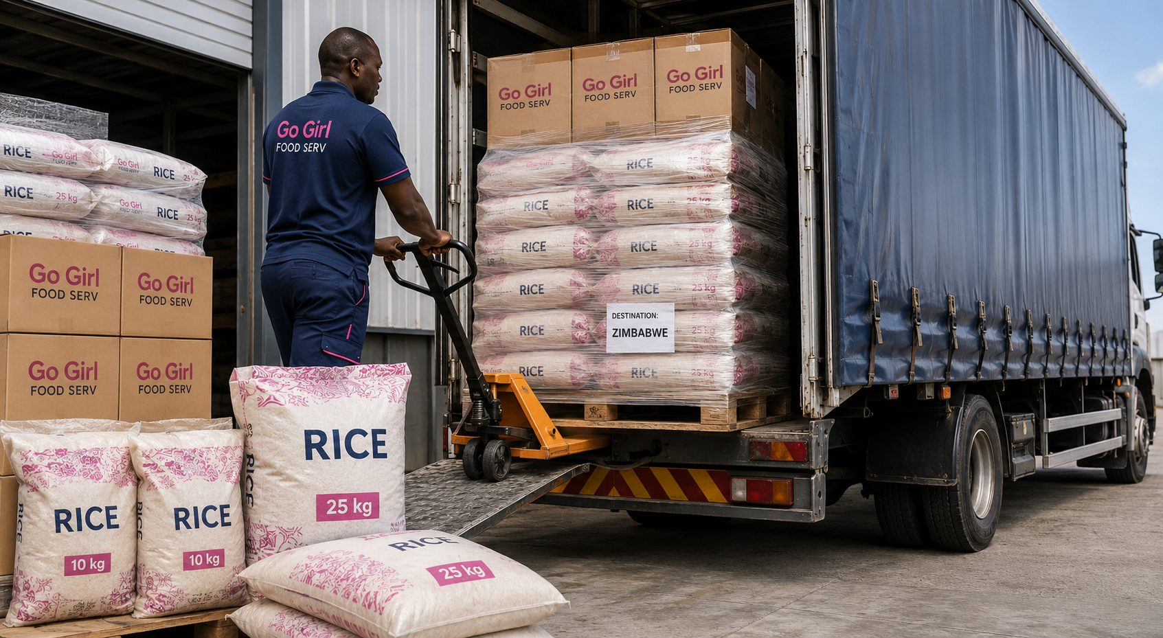 Bulk rice products loaded for delivery from Johannesburg to Zimbabwe
