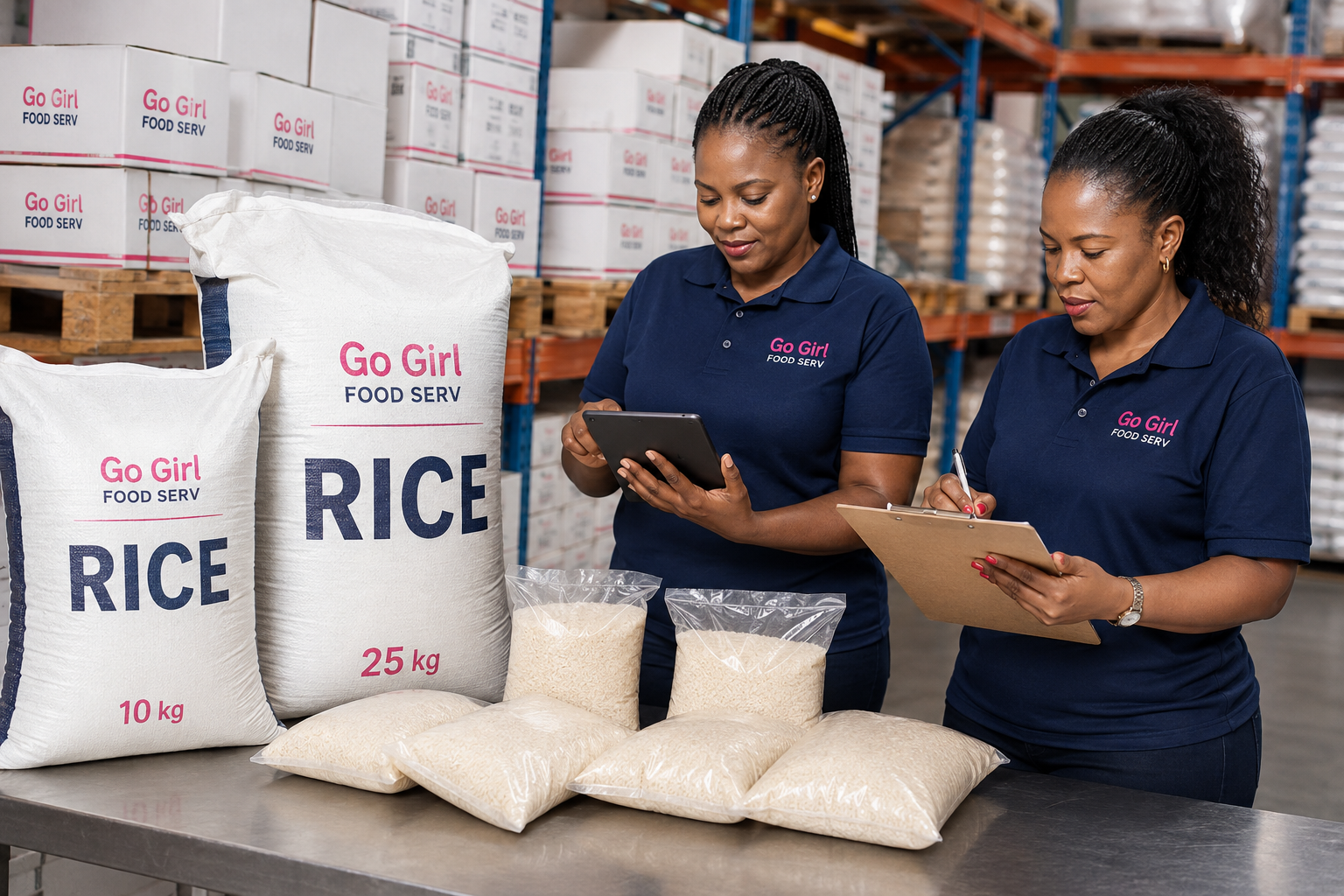 Go Girl FoodServ team inspecting bulk rice products for supply to Zimbabwe